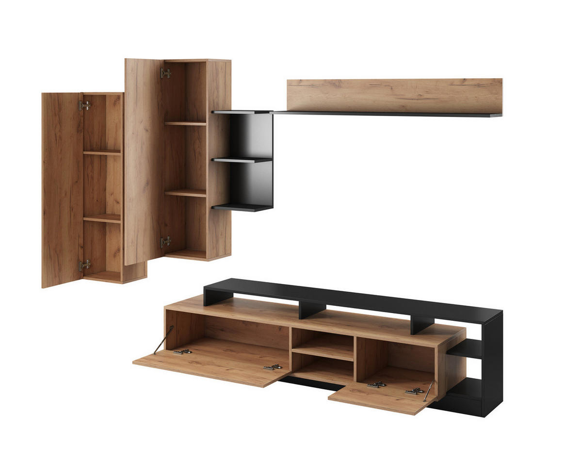 WOHNWAND Panzo 4-teilig Craft Eiche / Anthrazit - Grifflos - Eichefarben/Anthrazit, Holzwerkstoff (260/171/44cm) - Ravio