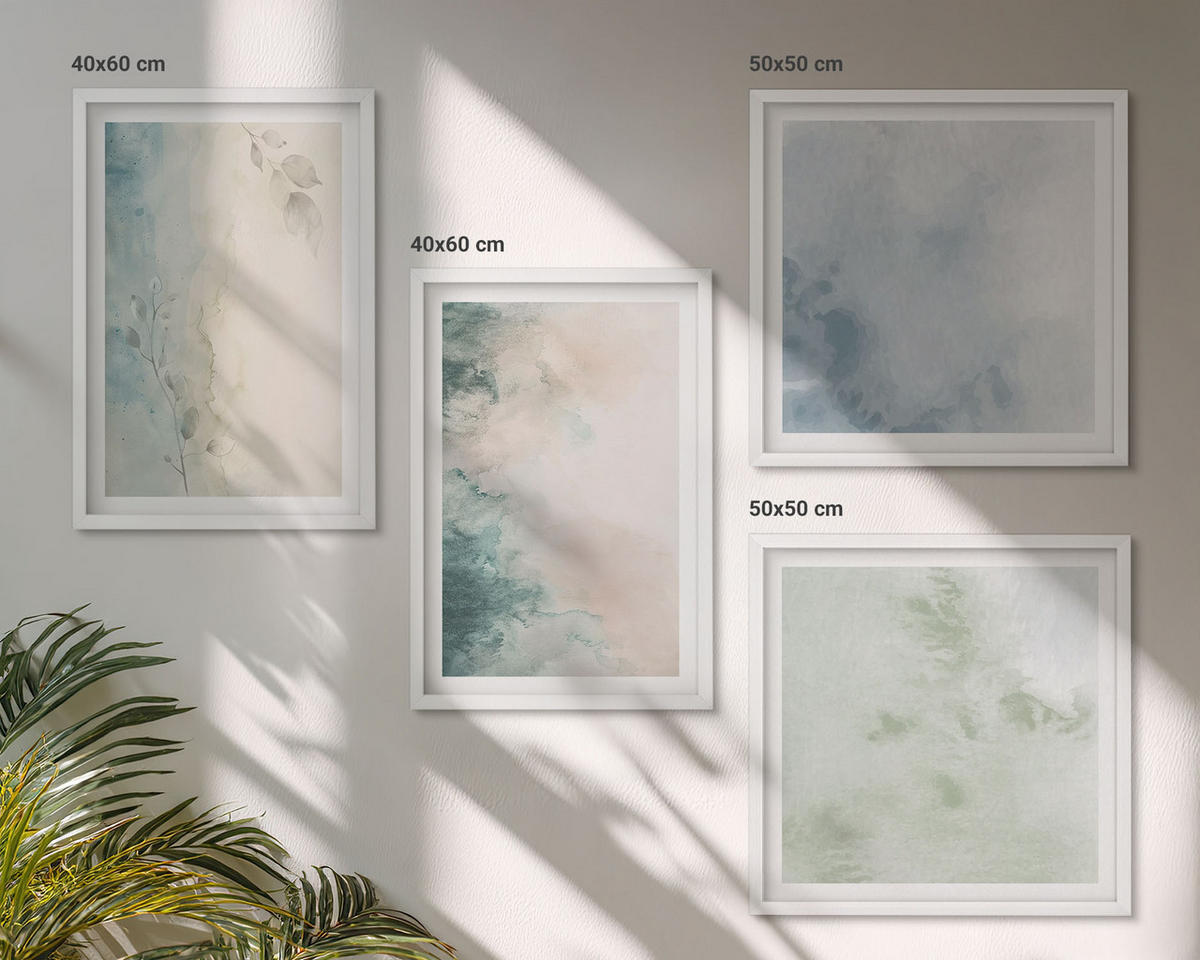 WANDBILDER 4er-Set - 50x50 cm & 40x60 cm Weißer Rahmen - Aquarell-Leinwandstil - Weiß, Kunststoff (50/50cm) - ArtPrintCave