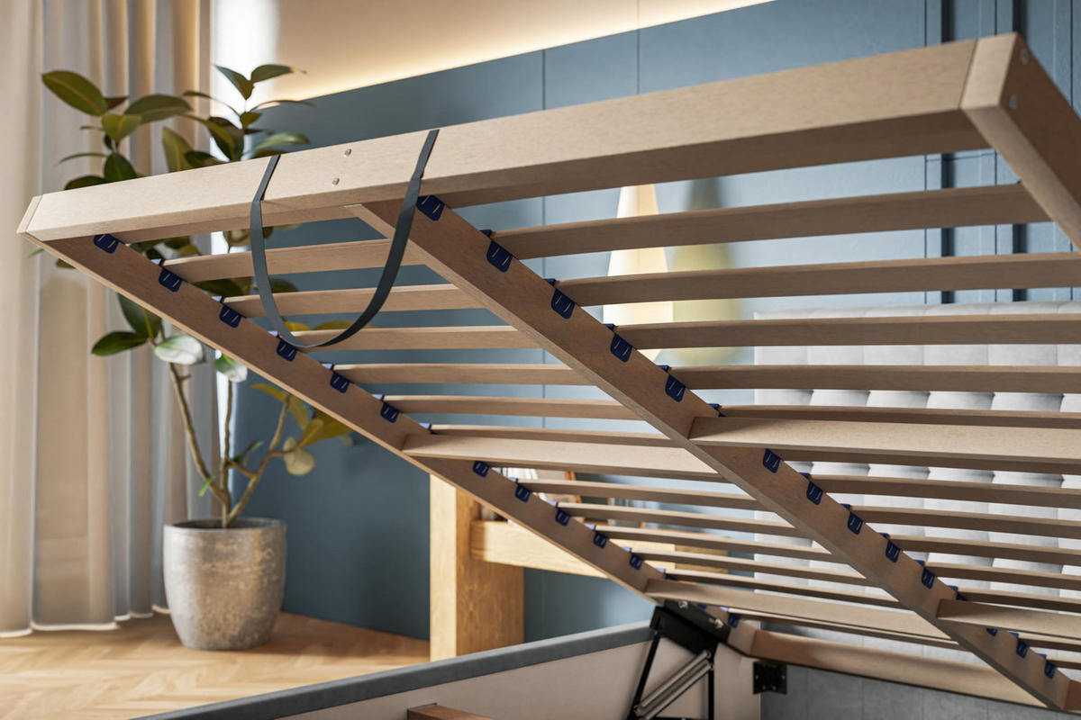 BETT 90x200 - Polsterbett mit Bettkasten und Holzrahmen - Modern Betten - Glatter Kronos-Stoff - Kollektion Rio, Blau - Blau, Holz/Textil (90/200cm) - Alpi-Möbel