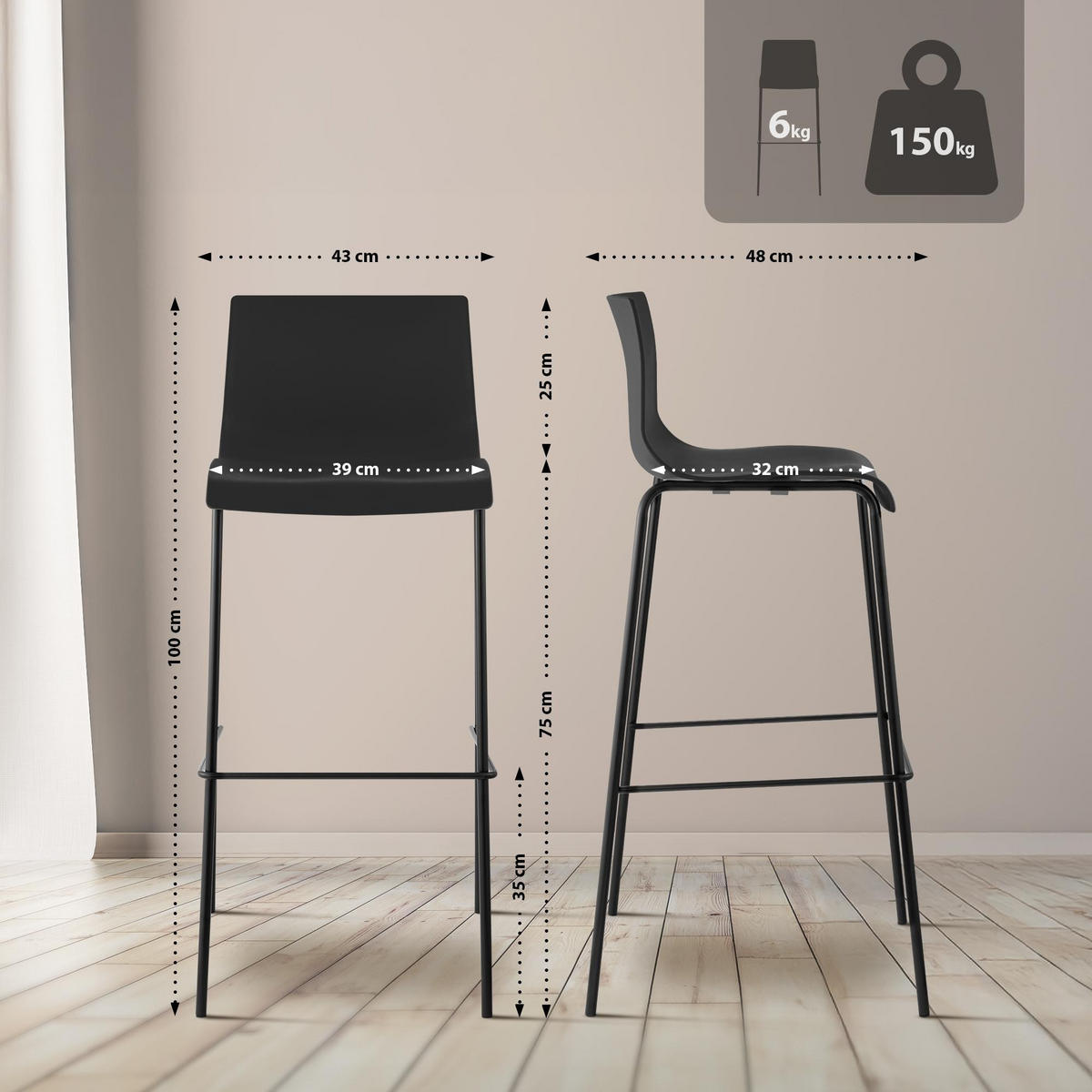 BARHOCKER Hover 2er-Set 100x43x48 cm schwarz - Schwarz, Kunststoff (43/100/48cm) - furnicato