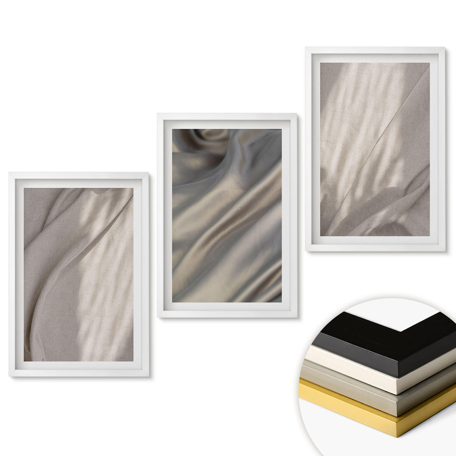 WANDBILDER 3er-Set - 40x60 cm Weißer Rahmen - Nahaufnahme von natürlichen Boho-Stoffen - Weiß, Kunststoff (40/60cm) - ArtPrintCave