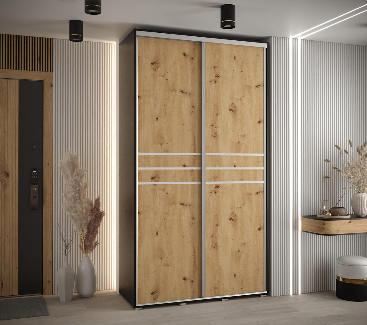SCHWEBETÜRENSCHRANK 235,2/130/60 2-türig - Silberfarben/Schwarz, Holz/Metall (130/235/60cm) - Abiks Möbel