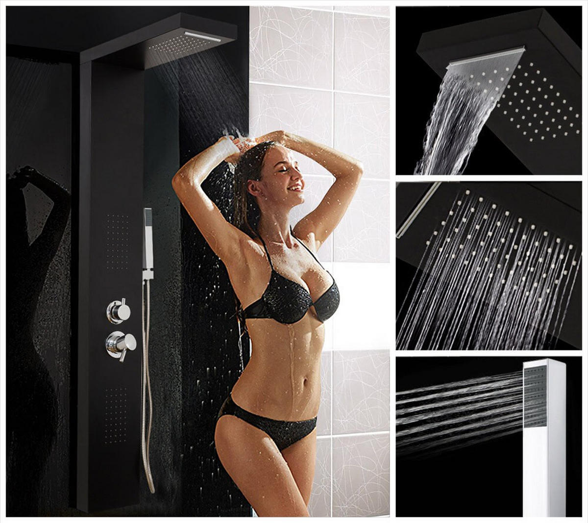 DUSCHPANEEL CASCATA - Schwarz - Schwarz, Metall (20/142/50.5cm) - Home Deluxe