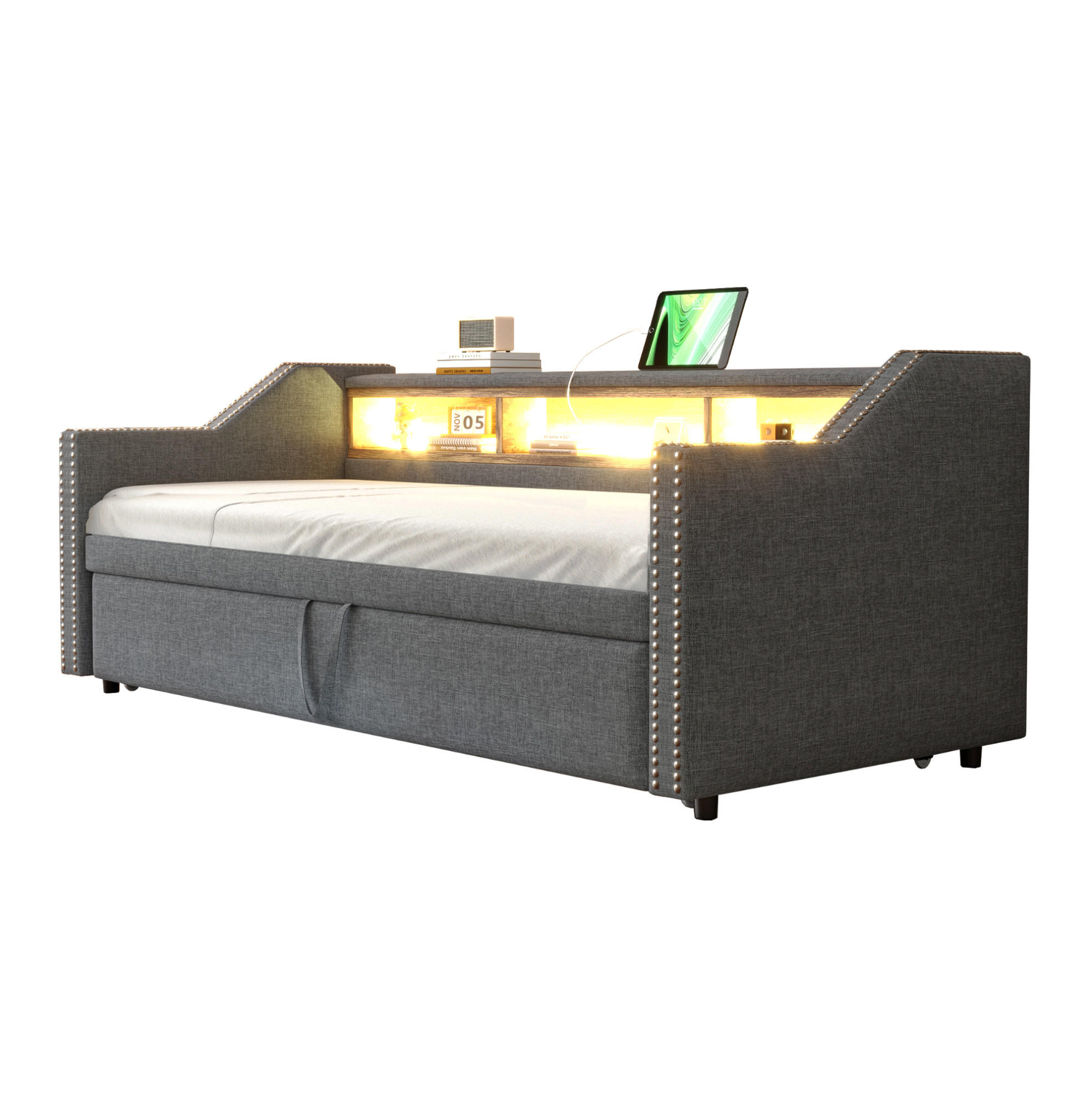 BETT 90/190 cm ausziehbar auf 180/190 cm – inkl. Lattenrost & USB - Dunkelgrau, Textil (90/190cm) - BEAOK