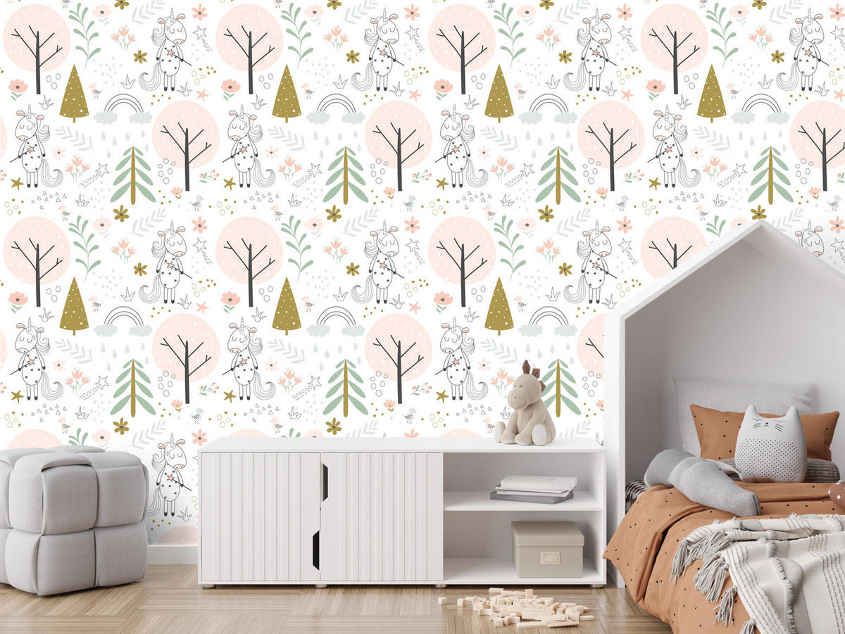 VLIESTAPETE Einhörner und Blumen – Rosa, Grün, Weiß – 50x1000 cm - Rosa/Weiß, Papier (50/1000cm) - Muralo