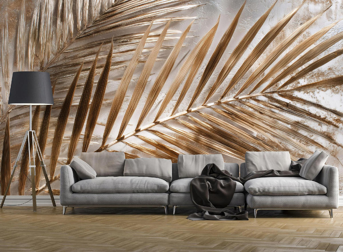 FOTOTAPETE Blätter Beton Golden 400x280 cm - Multicolor, Papier (400/280cm) - Wallarena