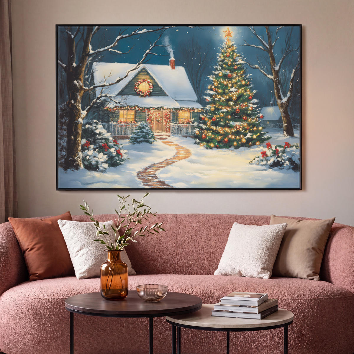 LEINWAND Bilder mit Rahmen - Weihnachten - Weihnachtsbaum - Winter - Zuhause - Schnee - 120x80 - Smaragdgrün, Textil (120/80cm) - MuchoWow