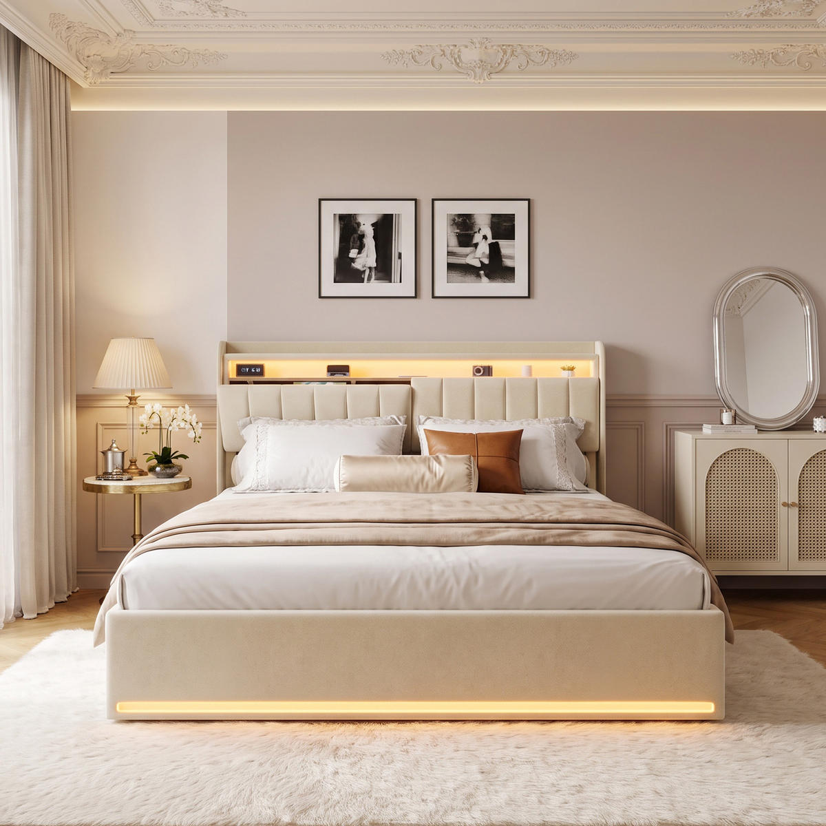 POLSTERBETT 160x200 cm mit Bettkasten, Doppelbett , USB und LED, Lattenrost und Stauraum, Samt Beige - Beige, Holz/Textil (160/200cm) - GENKI LIVING