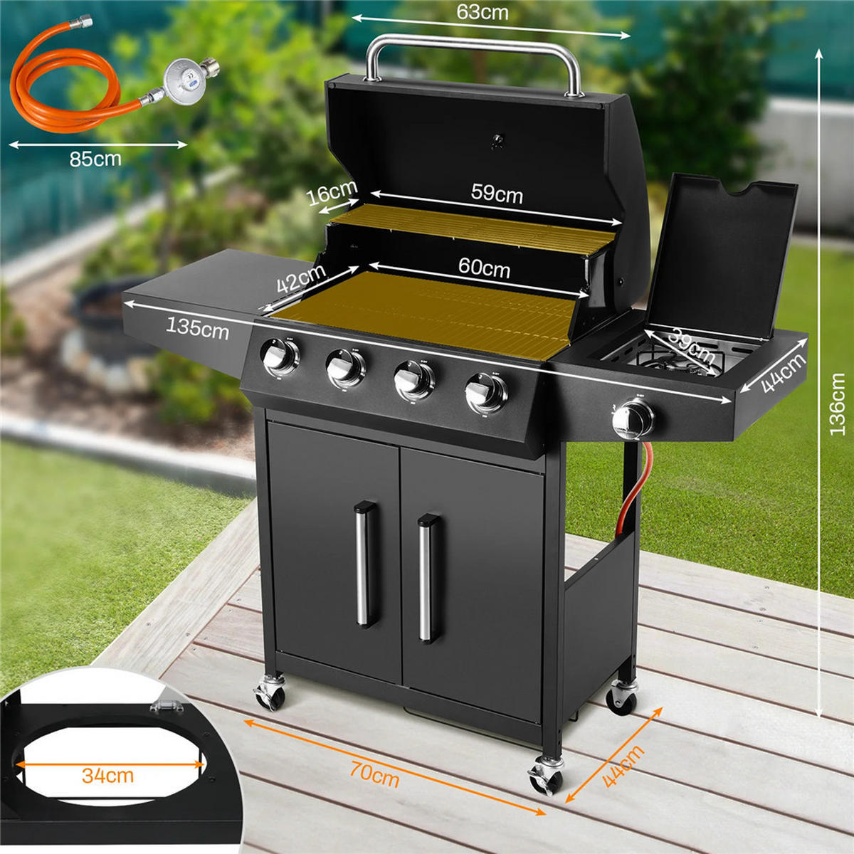 GASGRILL 4+1 Brenner mit Seitenbrenner 52000BTU, Schwarz - Schwarz, Metall (70/136/44cm) - Kaket