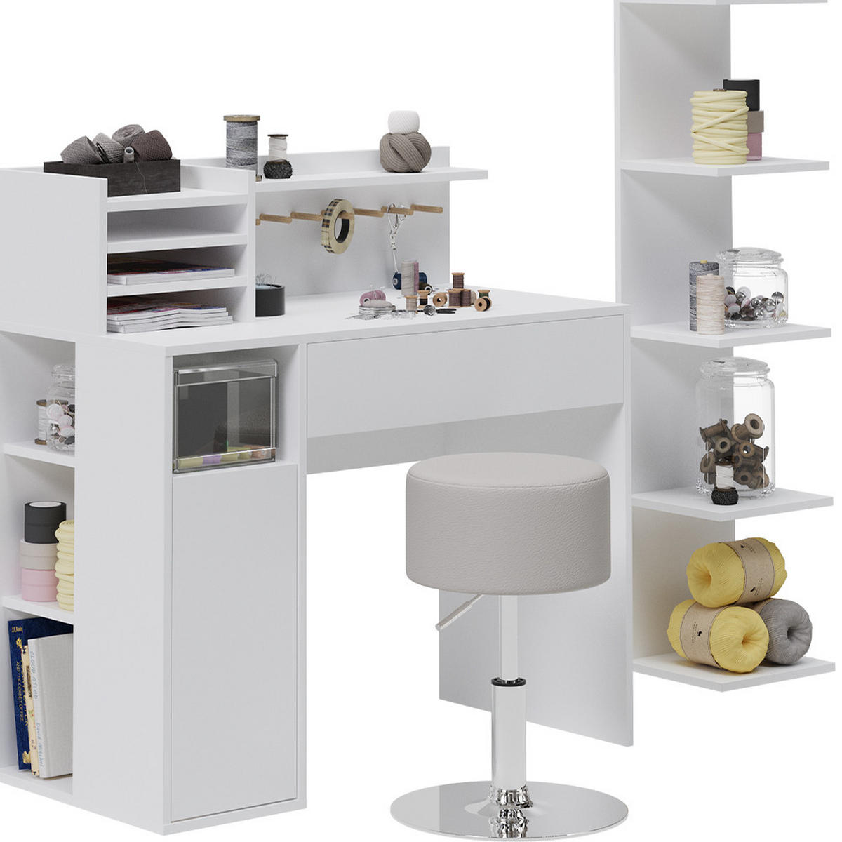 SCHREIBTISCH Weiß 3 Teile, mit Bücherregal und Hocker - Weiß, Holzwerkstoff (50/100/100cm) - Vicco