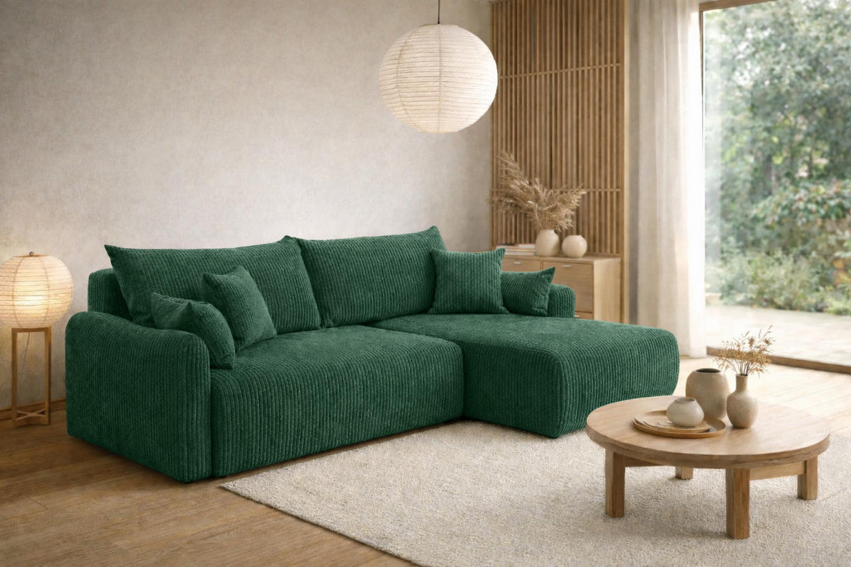 ECKSOFA Mit Schlaffunktion, Cordstoff Poso, Grün, Rechts, JAPANDI - Grün, Holz (262/145cm) - Kaiser Möbel