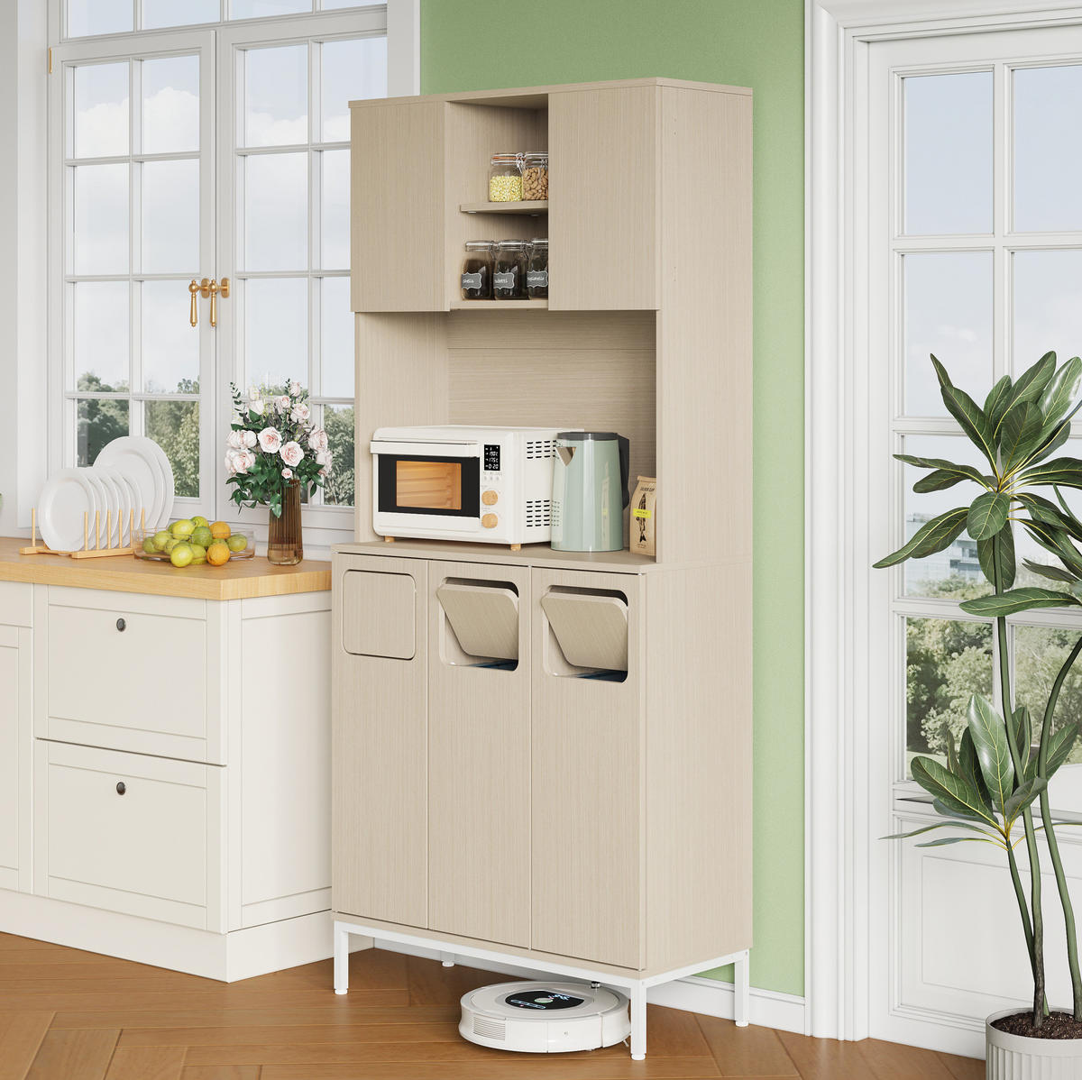 BUFFET aus MDF 35x80x181 cm Weiß mit Müllbereich, Mikrowellenfach und Stauraum für Saugroboter - Weiß, Holzwerkstoff (80/181/35cm) - Modfu
