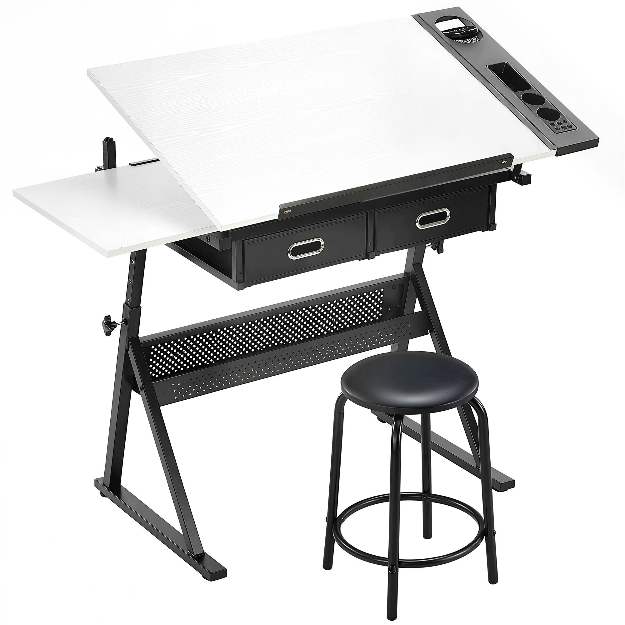 ZEICHENTISCH mit Hocker aus MDF Metall Weiß - Schwarz/Weiß, Leder/Holzwerkstoff (120/60/92cm) - HOMCOM