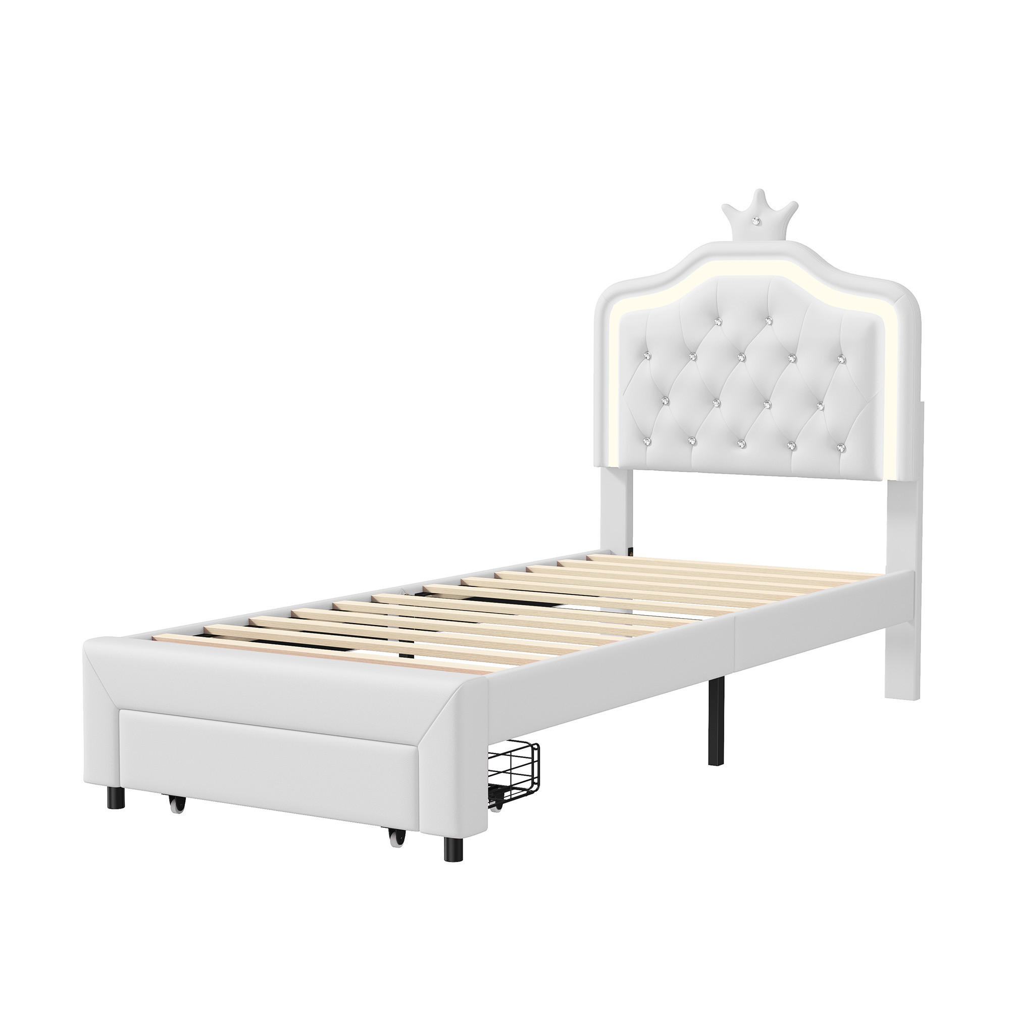 POLSTERBETT 90x200 cm LED Schubladen Lattenrost Rückenlehne weiß - Weiß, Holz (90/200cm) - LEBENLANG