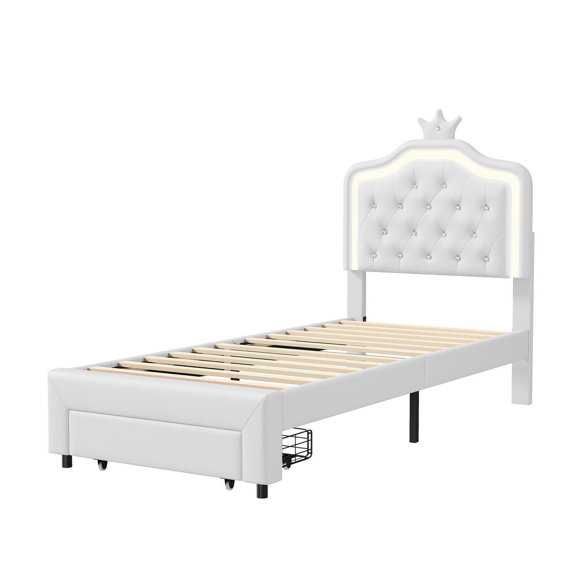 POLSTERBETT 90x200 cm LED Schubladen Lattenrost Rückenlehne weiß - Weiß, Holz (90/200cm) - LEBENLANG