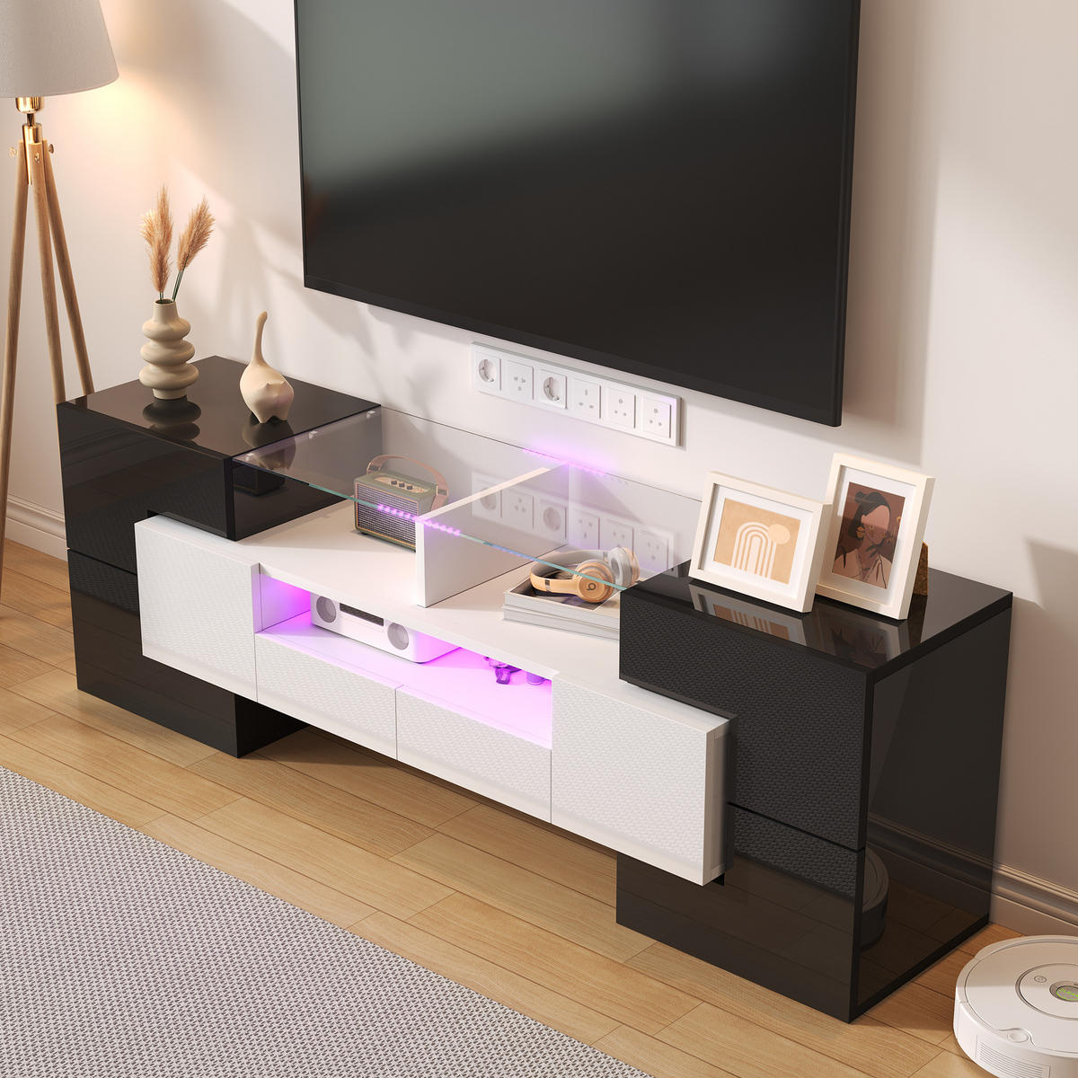 TV-SCHRANK mit LED-Beleuchtung 145 cm Hochglanz Weiß-Beton - Schwarz, Holzwerkstoff (30/51/145cm) - Beauniv