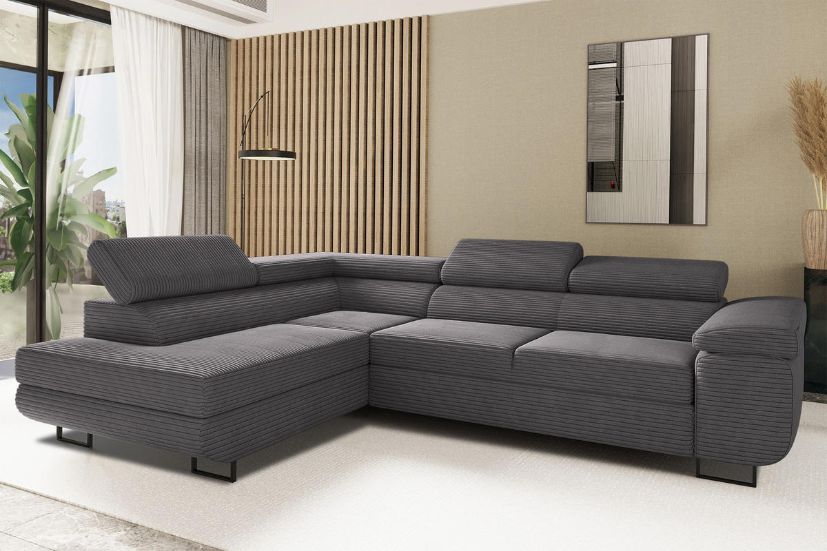 ECKSOFA ATOMIC Mit Schlaffunktion, Stoff Poso, Dunkelgrau, Rechts - Dunkelgrau, Holz (277/203cm) - Kaiser Möbel