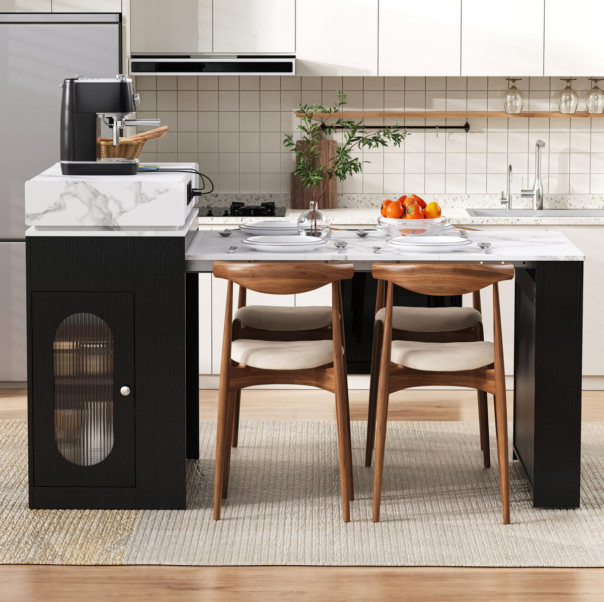 KUCHYŇSKÝ ostrov z MDF a skla 146x83x96 cm černý s rozkládací deskou, zásuvkou, policemi a vestavěnými zásuvkami - černá, kompozitní dřevo (146.5/96/83cm) - Modfu