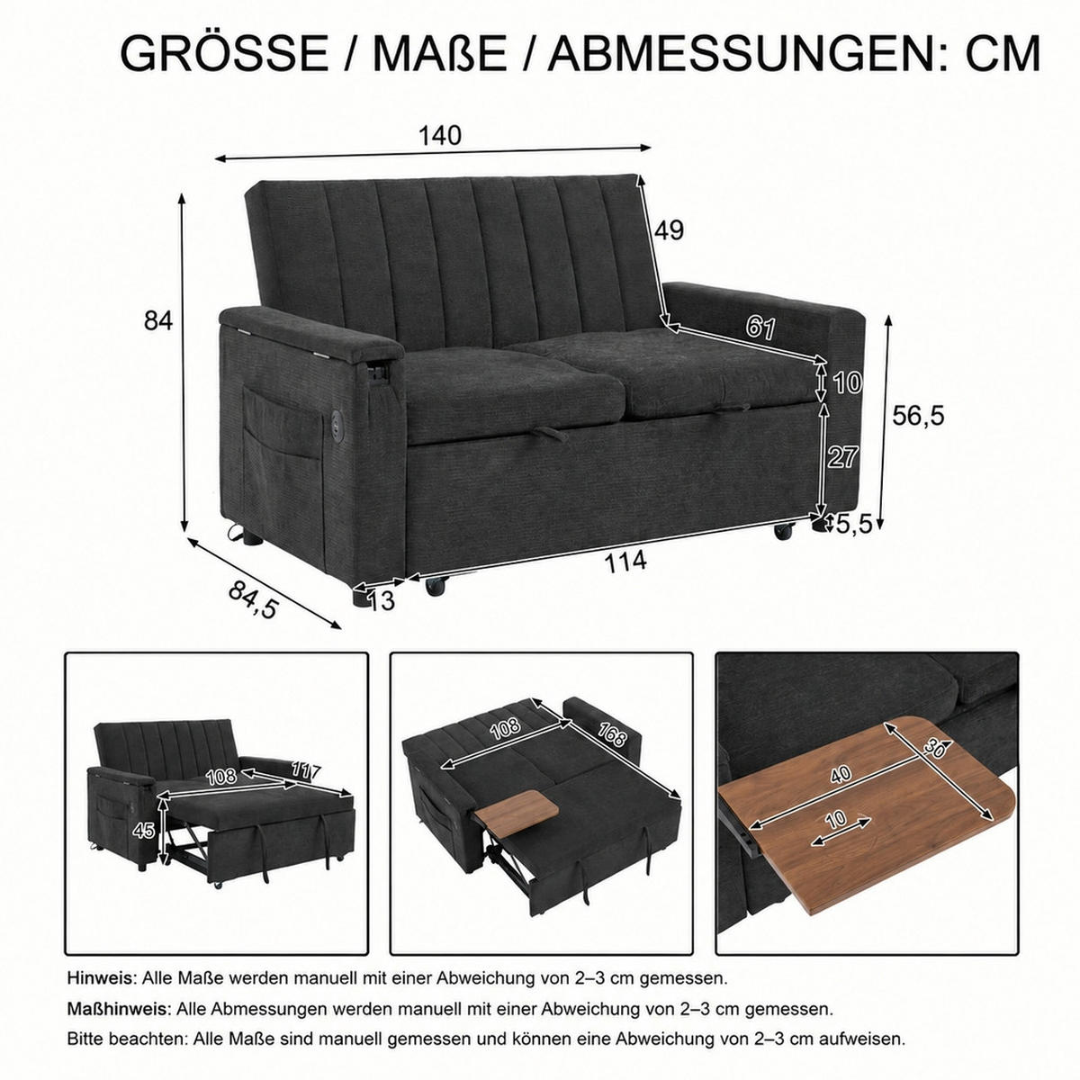 SCHLAFSOFA 140/84.5/84 cm Grau mit Klapptablett, USB & Type-C Ladeanschluss, Seitentaschen und Rollen - Grau, Textil (140/84/84.5cm) - Oxeza