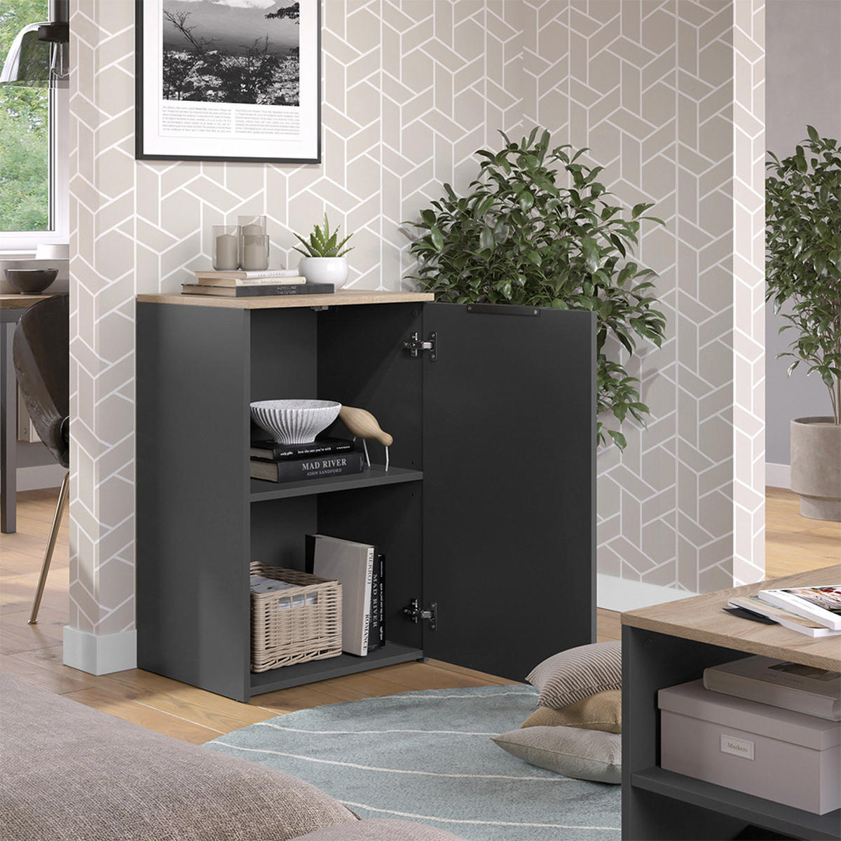 KOMMODE Wido Anthrazit 50 x 80 cm mit Regal - Anthrazit/Sonoma Eiche, Holzwerkstoff (50/80/40cm) - Vicco