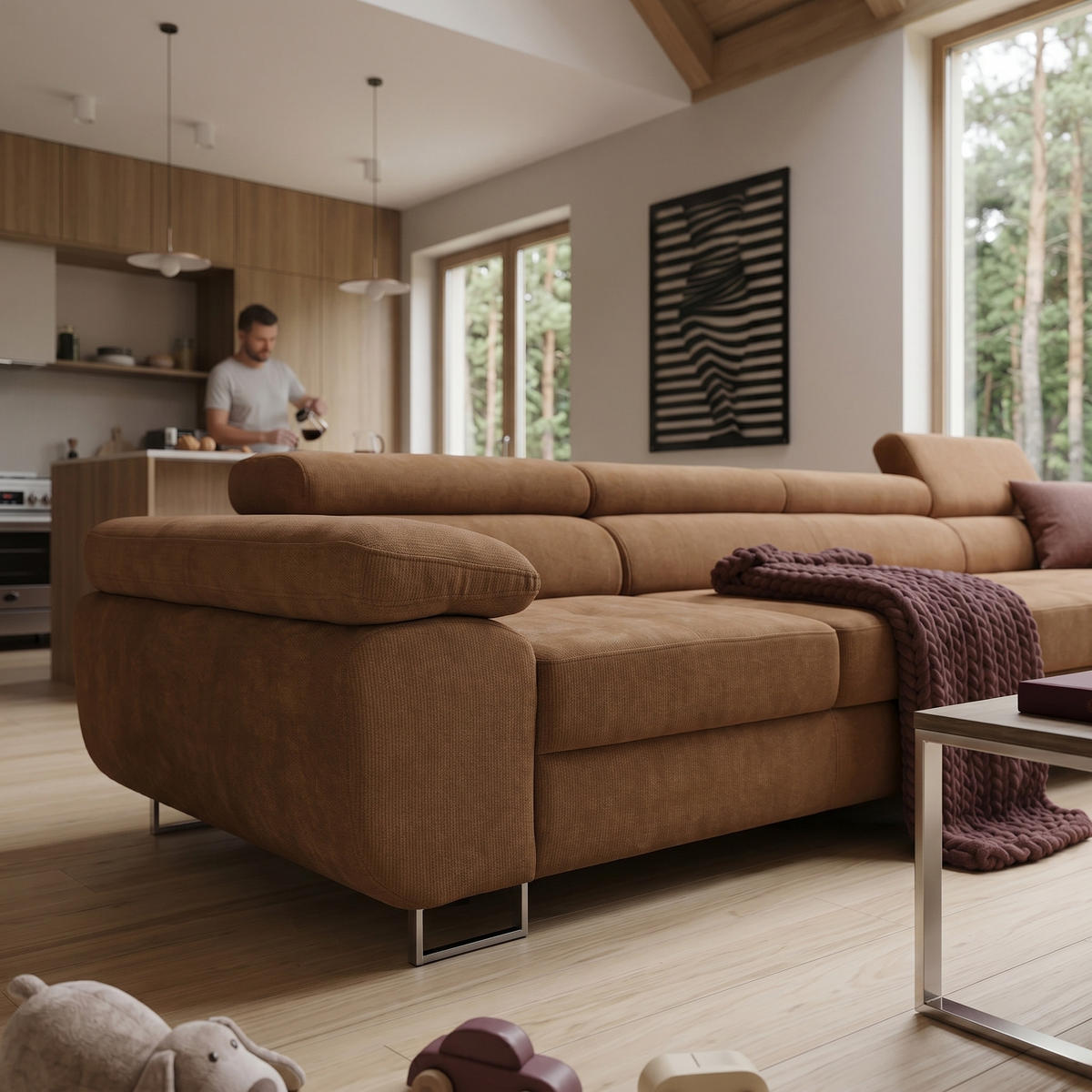 ECKSOFA ALONZO MAXI Rechts mit Schlaffunktion 125x195 Chenille Braun - Chromfarben/Braun, Holz/Textil (350/203cm) - Muffo
