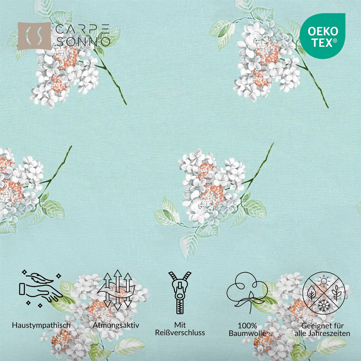 BETTWÄSCHE 135x200 Renforce Bettbezug geblümt Baumwolle Blumen Mint - Mintgrün, Textil (135/200cm) - Carpe Sonno