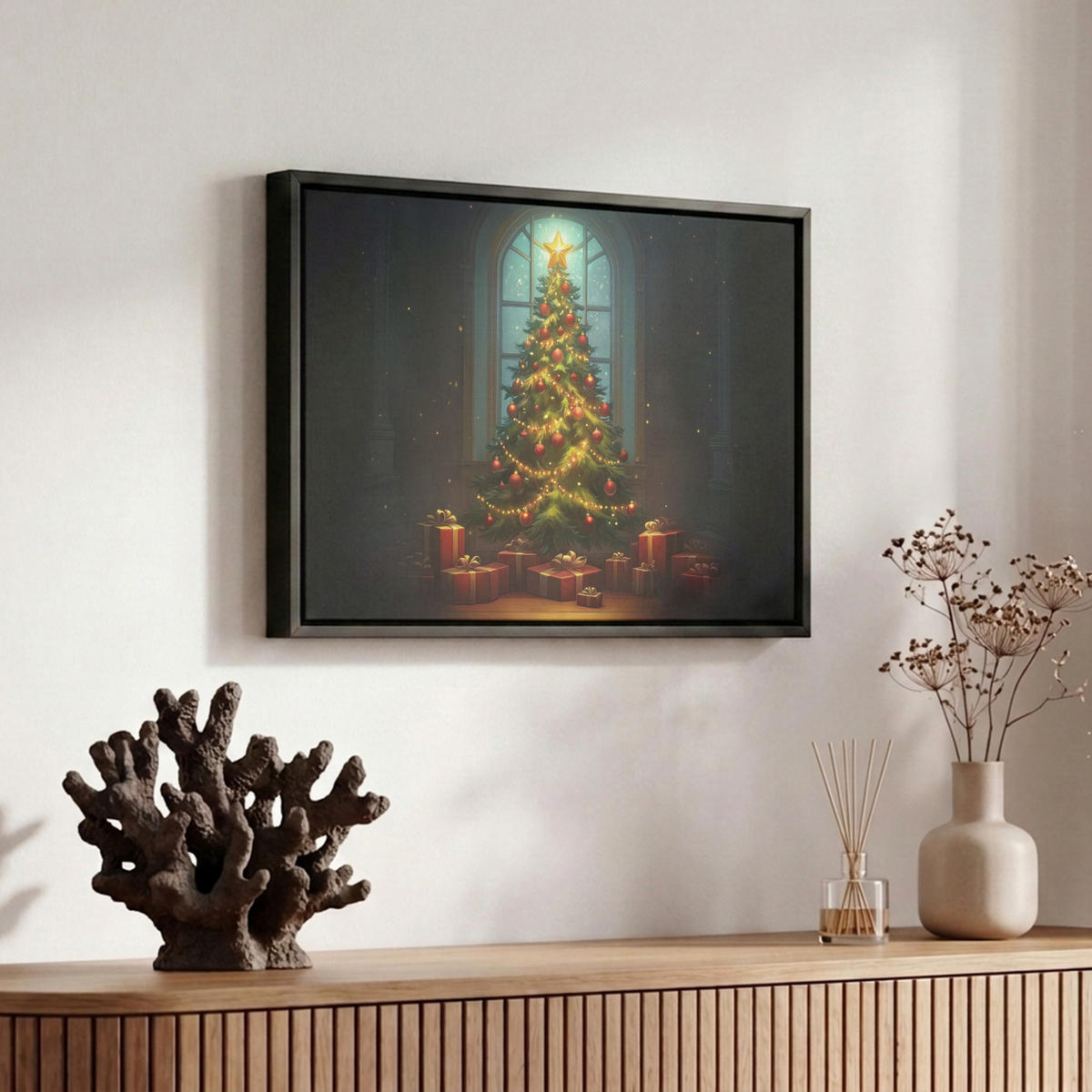 LEINWAND Bilder mit Rahmen - Weihnachtsbaum - Geschenk - Winter - 30x20 - Grün, Textil (30/20cm) - MuchoWow