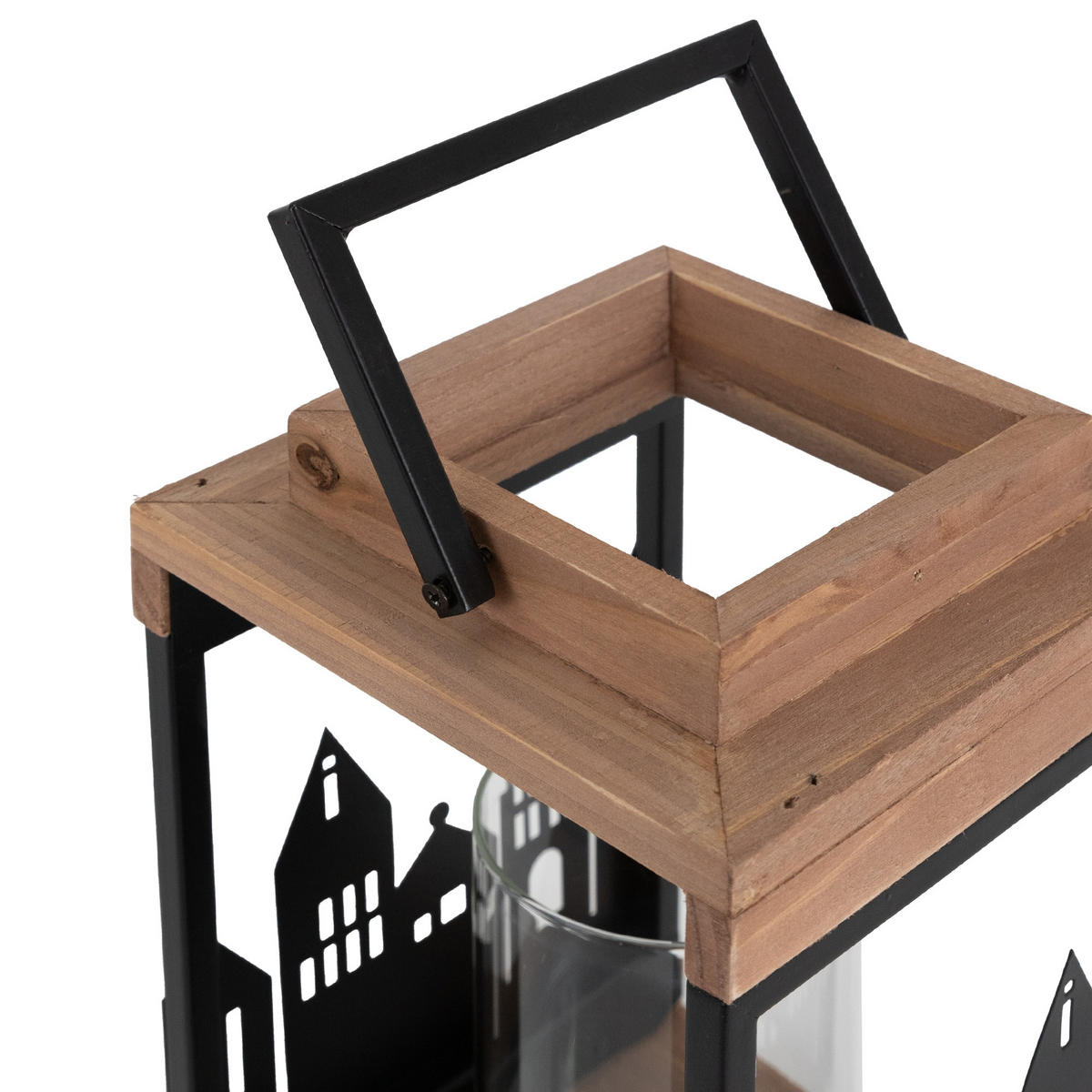 HOLZLATERNE 22cm mit Kerzenständer und Henkel Metall/Glas Stadt Muster - Braun, Holz (14/28/14cm) - ECD-Germany