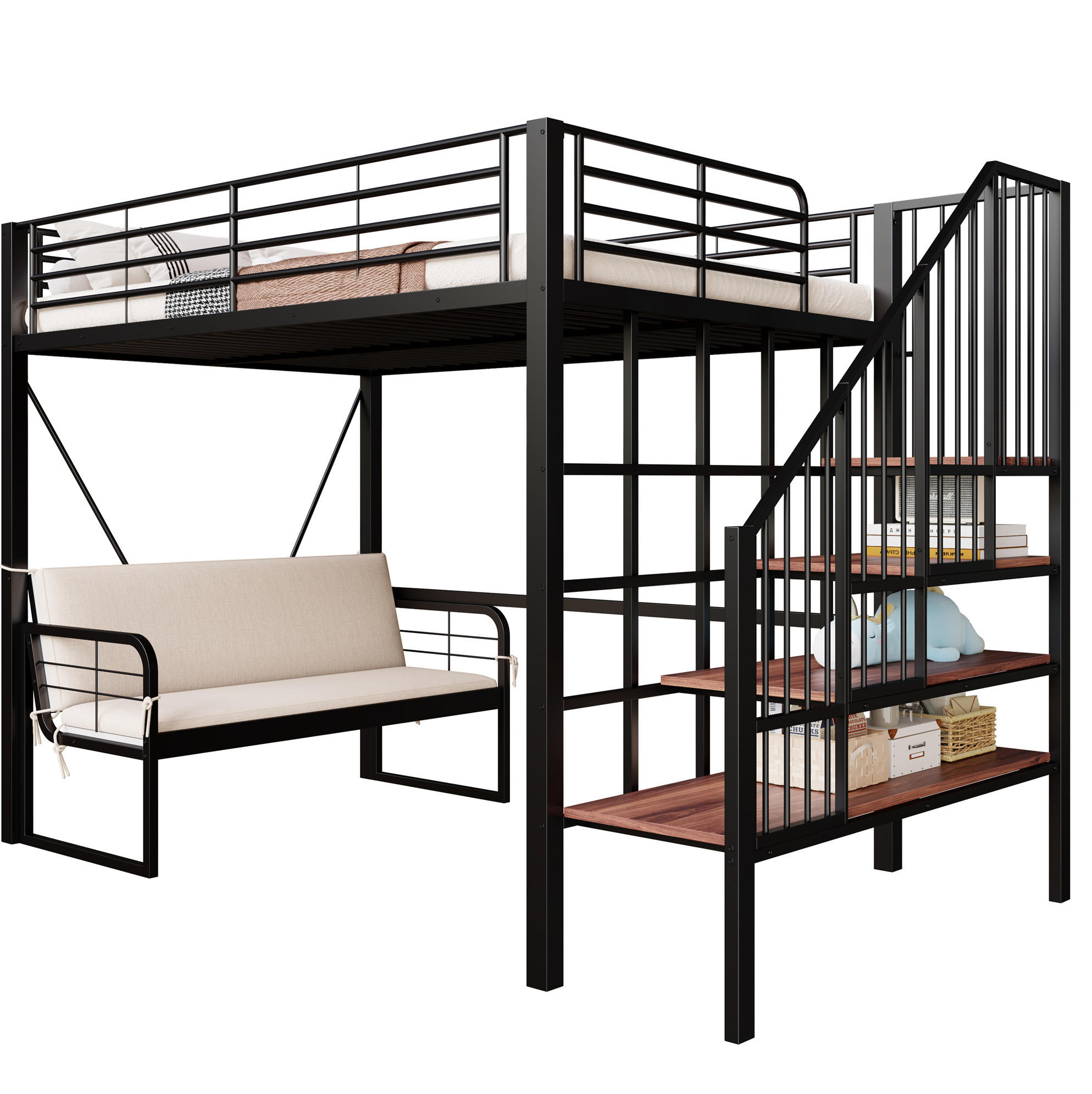 HOCHBETT 140/200 cm aus Metall und MDF mit abnehmbarem Polstersofa und Stauraumtreppe Schwarz - Schwarz, Metall (140/200cm) - Modenvie