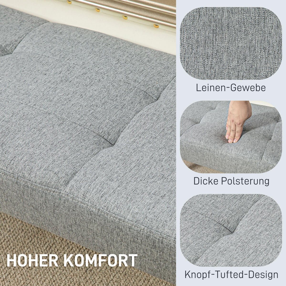 SITZBANK, Polsterbank mit Leinenoptik, Holzbeine 120 x 41 x 43 cm, Grau - Grau, Kunststoff (41/43/120cm) - HOMCOM