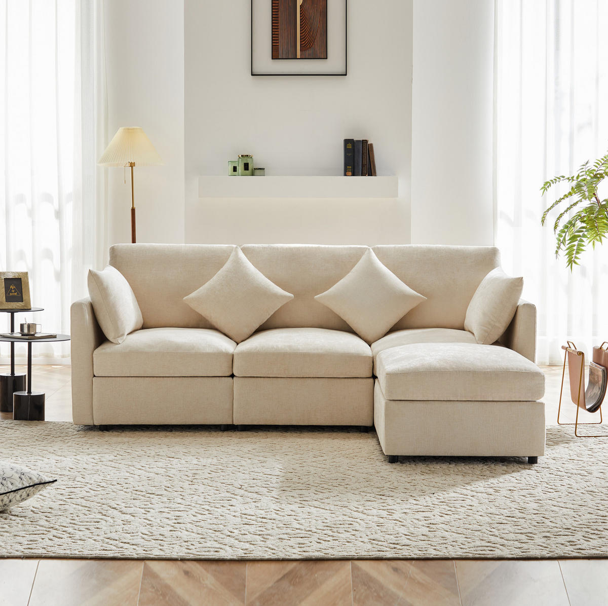 ECKSOFA 216/161/81 cm Beige aus Chenille mit Hocker und 4 Kissen - Beige, Textil (161/216cm) - OKMYHOME