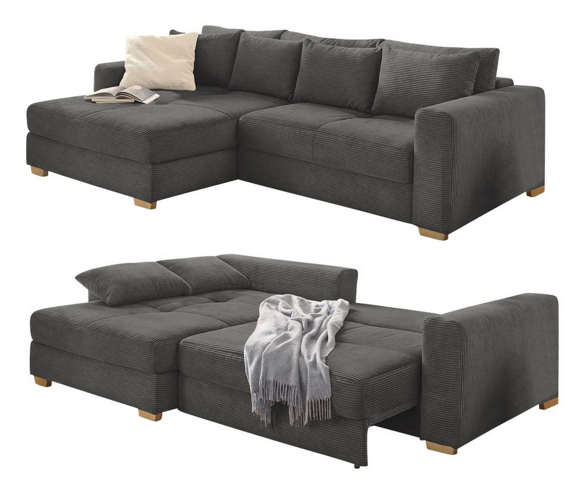 ECKSOFA-DAUERSCHLÄFER Federkern Bettkasten, seitenverkehrt montierbar B288/T186/H86 cm, Liegefl. 153x245 cm, Cord Grau Anthrazit / 15153 - Schieferfarben/Eichefarben, Holz/Textil (288/186cm) - luma-home
