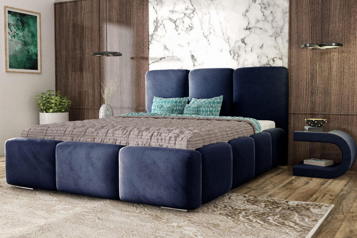 POLSTERBETT ROYAL, 200 x 200 cm mit Bettkasten und Lattenrost aus Metall, Velourstoff, Frabe: Blau - Blau, Holz/Kunststoff (200/200cm) - Agmat-Furniture