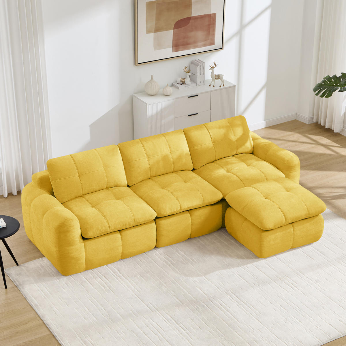 SOFA 264/160/68 cm in Gelb aus Chenille mit Ottomane, rahmenlos und flexibel - Gelb, Textil (160/68/264cm) - Flora Grace