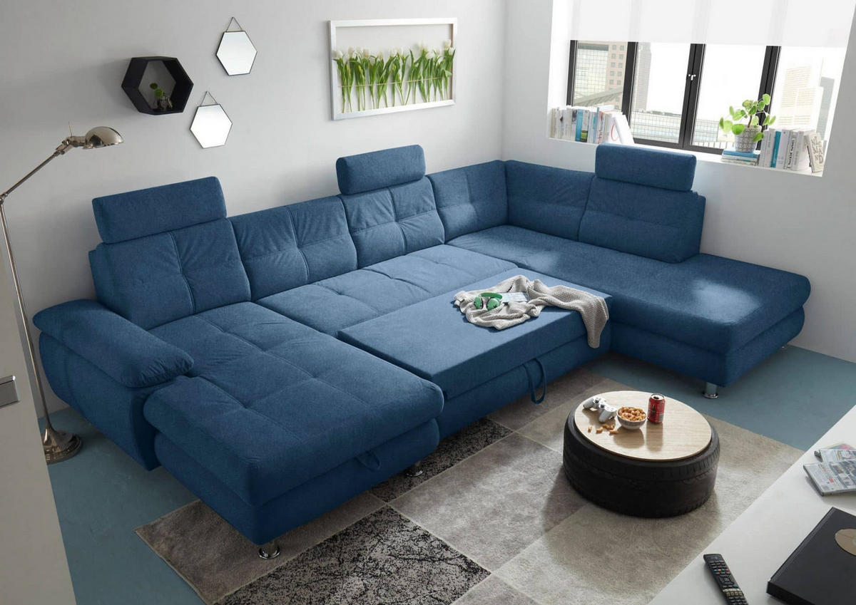 WOHNLANDSCHAFT mit Schlaffunktion, Bettkasten und verstellbaren Arm- und Kopflehnen - Chromfarben/Blau, Textil/Metall (233/88/349cm) - ed exciting design