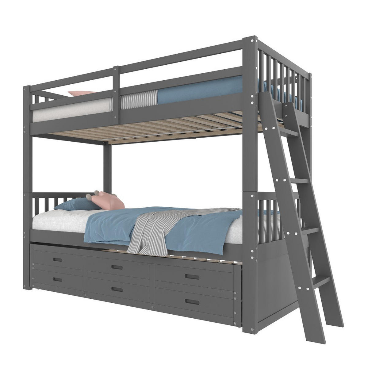 KINDERBETT90X200 cm, Leiter mit Ausziehbett und Schubladen, schlichtes Design, grau - Grau, Holz (90/200cm)