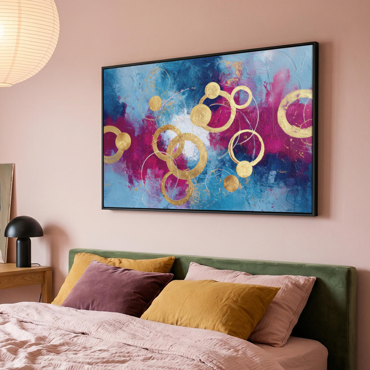 LEINWAND Bilder mit Rahmen - Kreise - Gold - Abstrakt - 140x90 - Blau, Textil (140/90cm) - MuchoWow