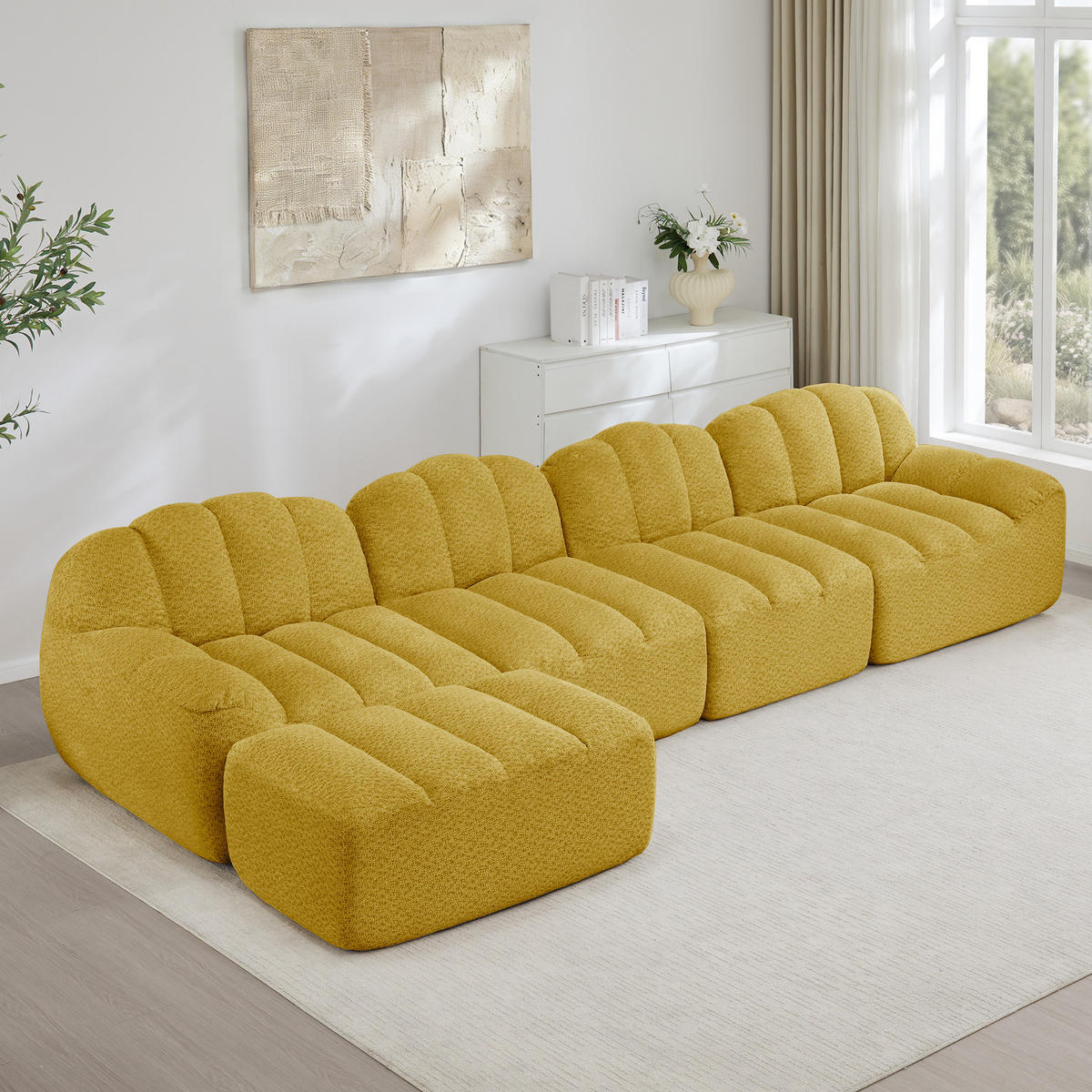 ECKSOFA 366/165/79 modular gelb aus granuliertem Fleece mit Ottoman - Gelb, Textil (165/366cm) - OKWISH