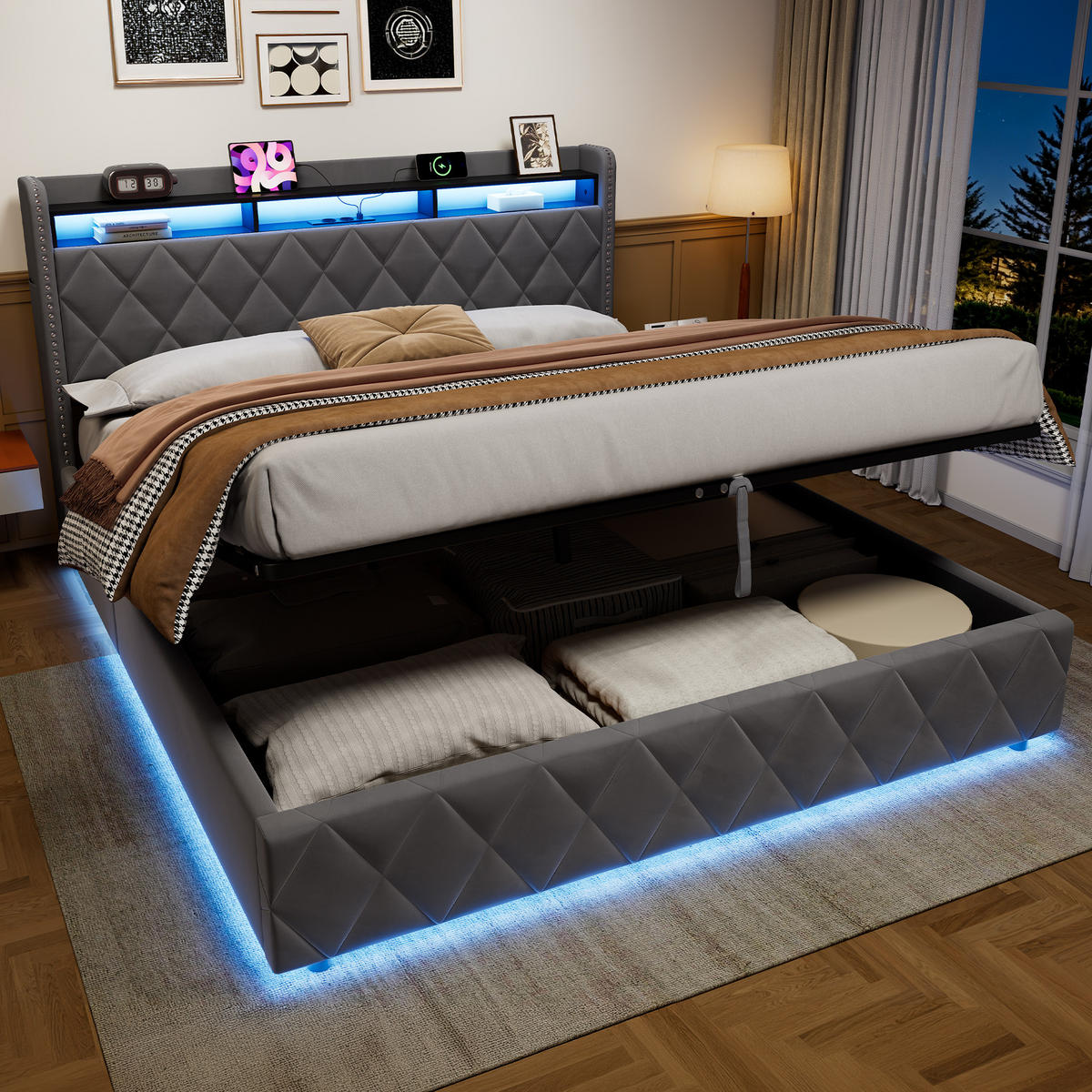 POLSTERBETT 180/200 cm Dunkelgrau mit LED-Beleuchtung & USB-Ladefunktion - Dunkelgrau, Textil (180/200cm) - Flora Grace