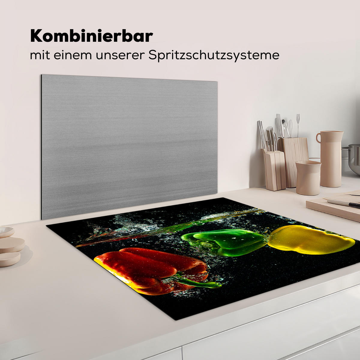 HERDABDECKPLATTE Paprika - Gemüse - Wasser - Schwarz - Rot - Grün - Gelb Induktionsmatte 78x78 cm - Multicolor, Kunststoff (78/78/0.2cm) - MuchoWow