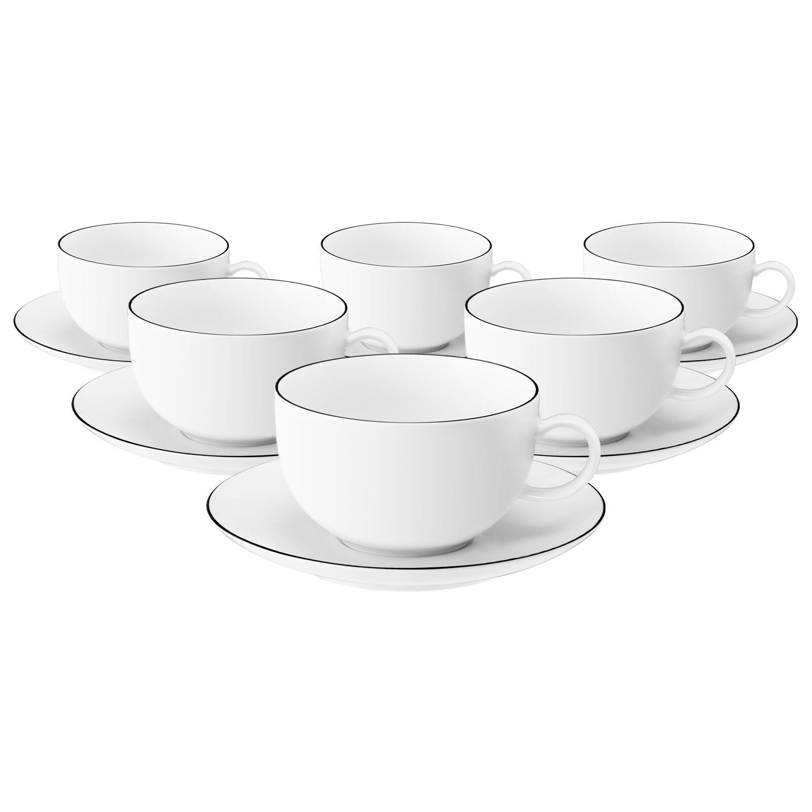 MILCHKAFFEETASSEN MIT UNTERTASSEN Lido Black Line weiß 350 ml 6er Set - Weiß, Keramik (16/8.7/16cm) - Seltmann Weiden