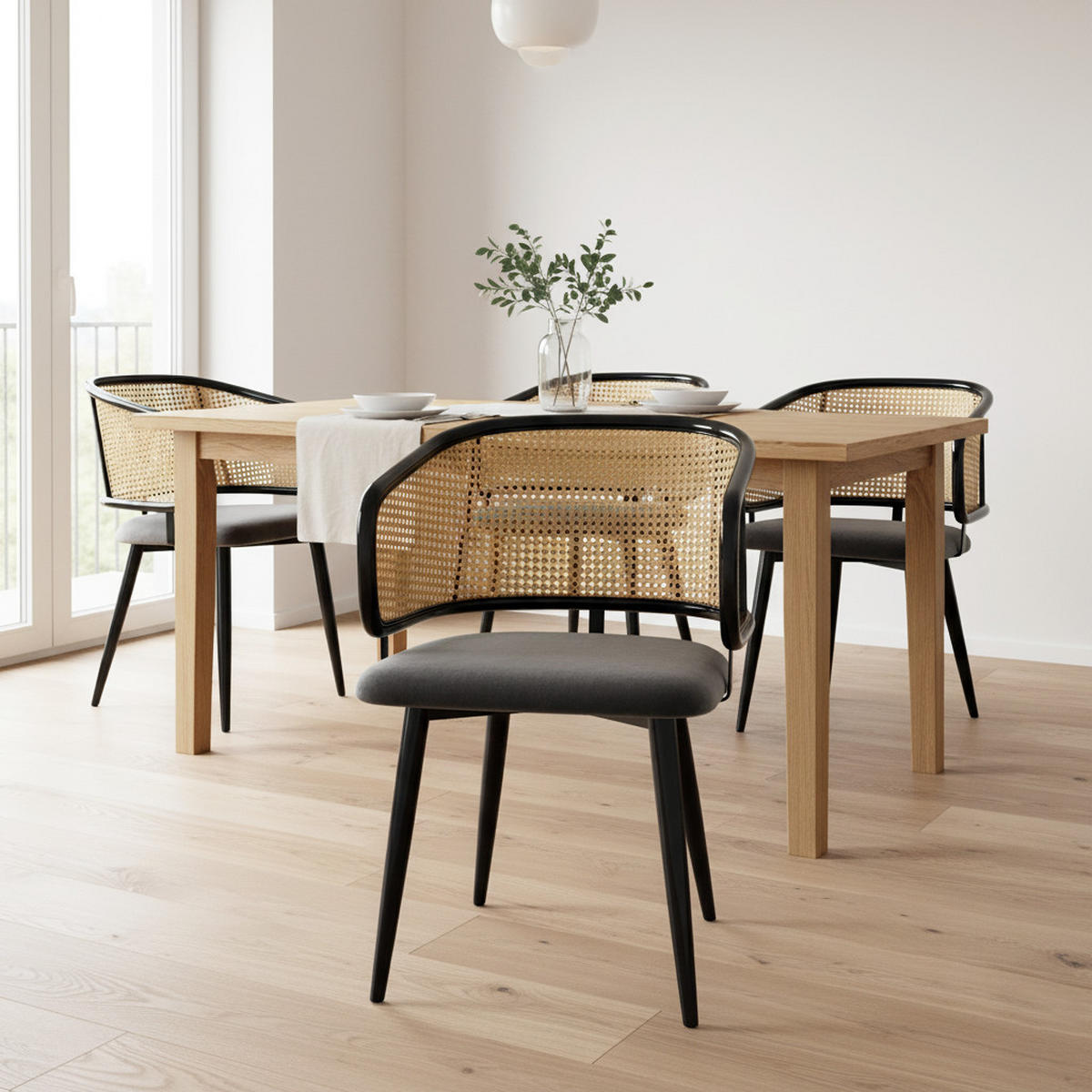 ESSZIMMERSTÜHLE 2er Set Rattan Rückenlehne & Samtsitz - Grau, Leder/Textil (47/79/47cm) - Urban Meuble