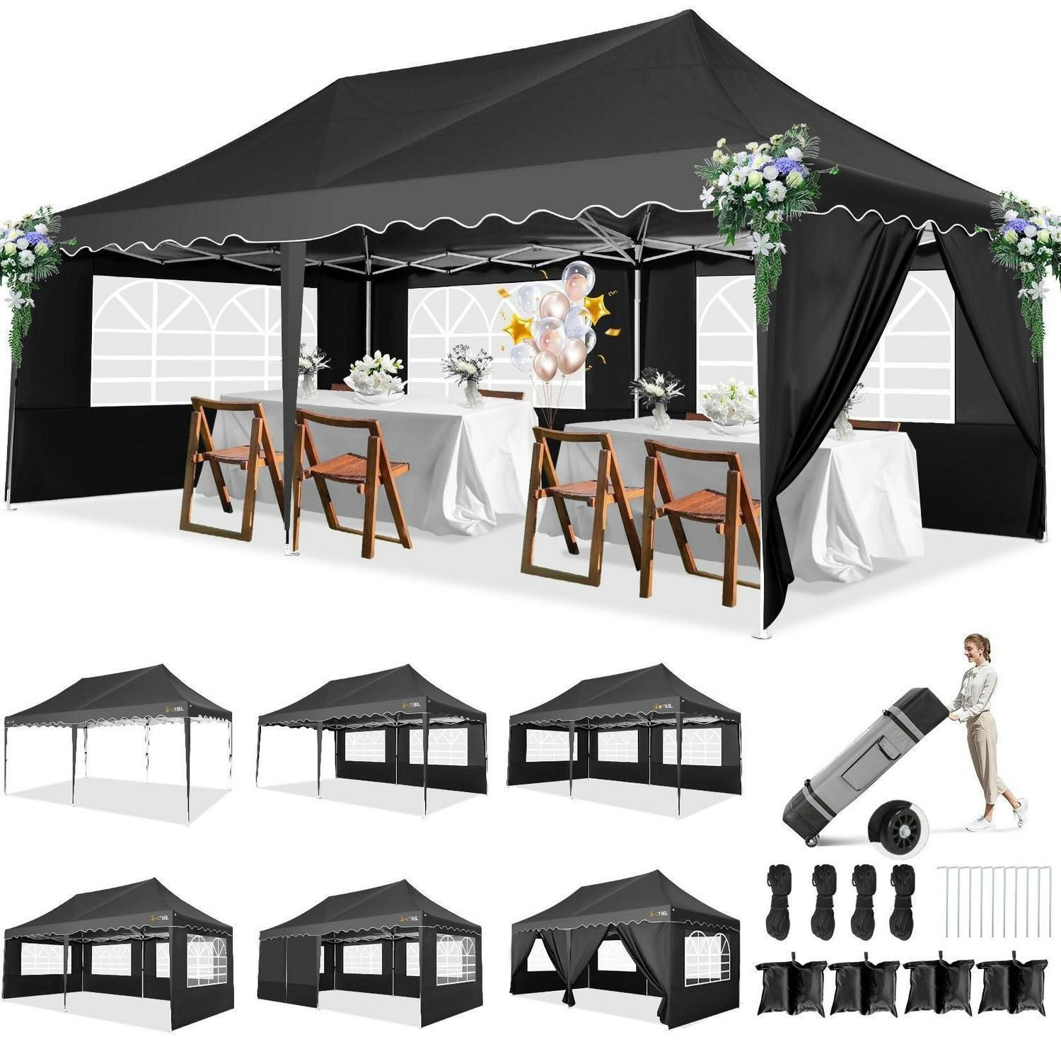 FALTPAVILLON 3x6m schwarz mit 6 Seitenwänden und 4 Sandsäcken - Schwarz, Metall (300/320/600cm)