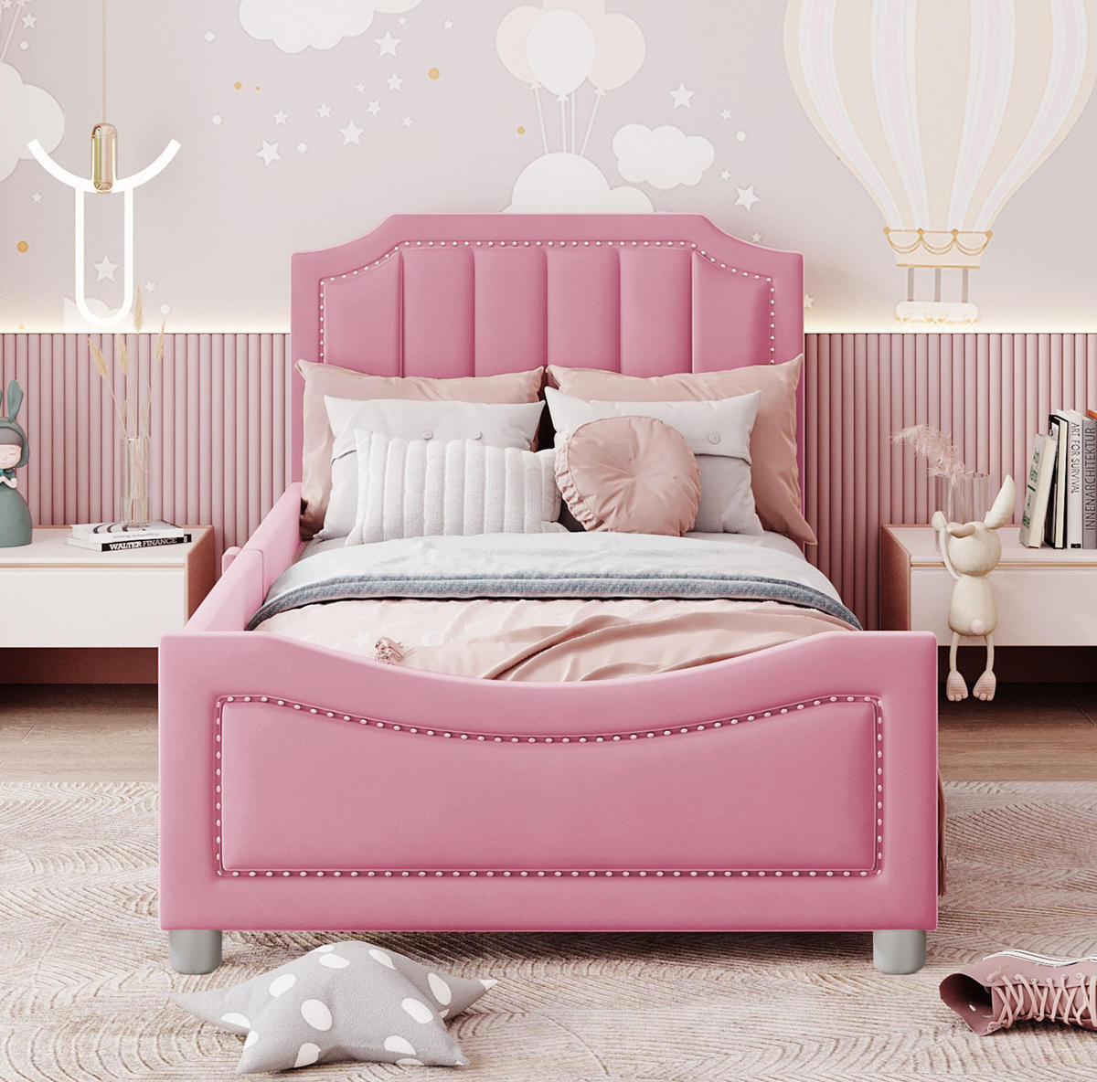 POLSTERBETT 90/200 cm in Rosa mit gepolstertem Kopfteil und Lattenrost - Pink, Holz (90/200cm) - BEAOK