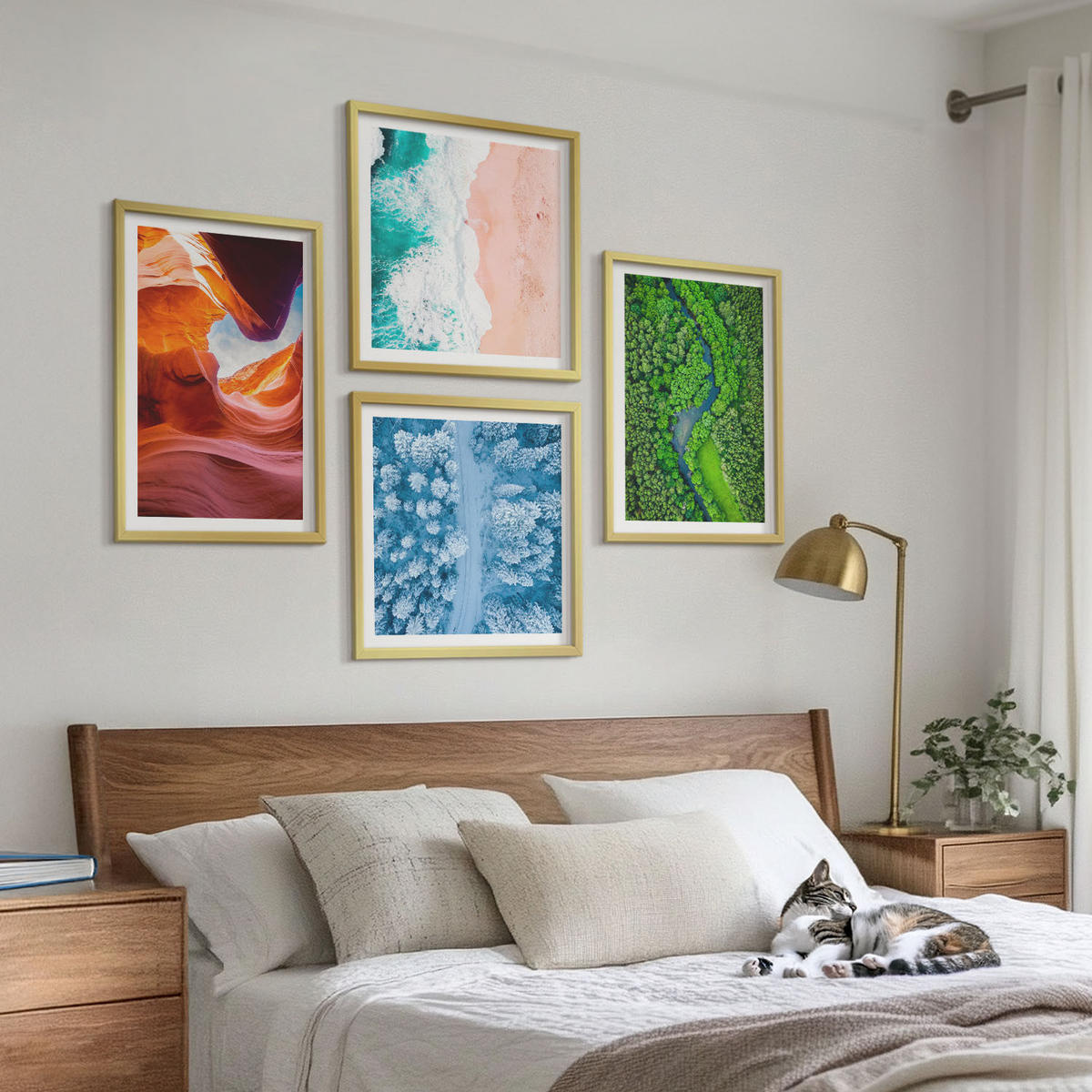 WANDBILDER 4er Set - 50x50 cm & 40x60 cm Goldrahmen - Grün der Wasserschlucht im Winter - Goldfarben, Kunststoff (50/50cm) - ArtPrintCave