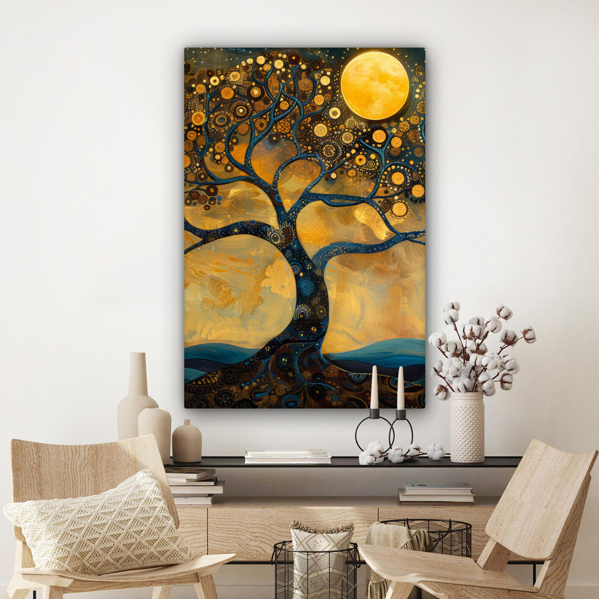 LEINWANDBILD Baum - Mond - Blumen - Gold - Kunst Deko Groß 90x140 cm - Orange, Textil (90/140cm) - MuchoWow