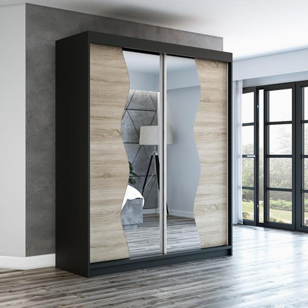 SCHWEBETÜRENSCHRANK 180 CM RIMA Farbe: Schwarz / sonoma / sonoma - Schwarz/Braun, Holzwerkstoff (180/215/59.5cm) - A&J MöbelLand