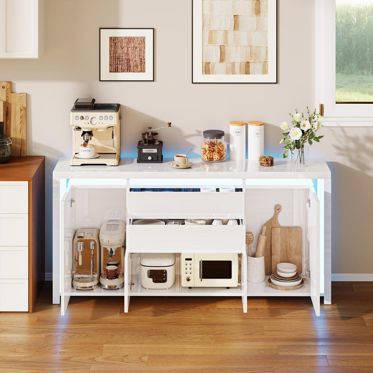 SIDEBOARD 160x35x75 cm 2 Schubladen 4 Türen LED weiß - Weiß, Holz (160/75/35cm) - LEBENLANG