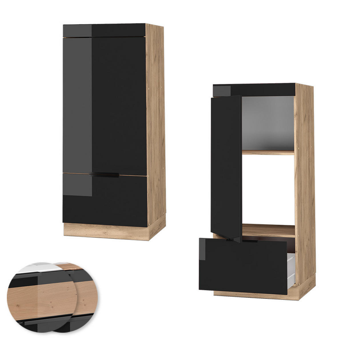 MIKROWELLENSCHRANK Fame-Line Schwarz Eiche hochglanz 60 cm - Honigeiche/Schwarz Hochglanz, Holzwerkstoff (60/153.6/58.1cm) - Vicco