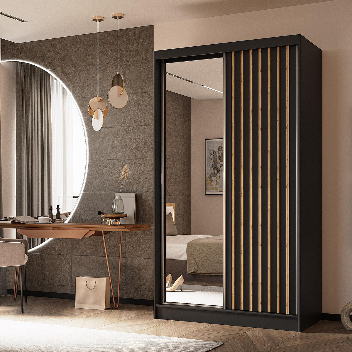 SCHWEBETÜRENSCHRANK LAMELLO 120/216/61 cm 2-türig mit Spiegel Schwarz - Schwarz, Holzwerkstoff (120/216/61cm) - MASSENO